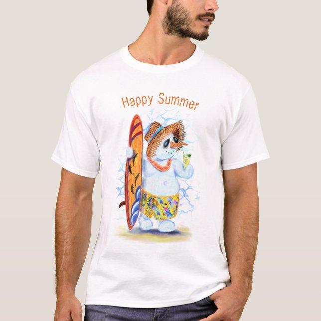 Funny T-Shirt Summer Snowman Surfer - Your Text (Front)