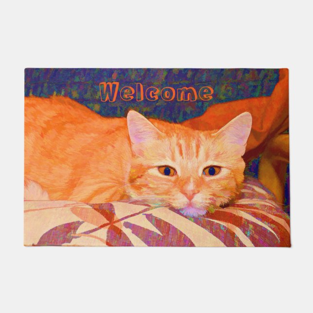 Funny Tabby Cat Bright Orange Cute Doormat (Front)