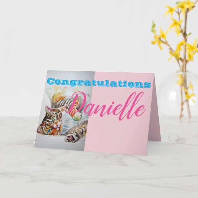 Funny Tabby Cat Congratulations Womans Name Card (Yellow Flower)