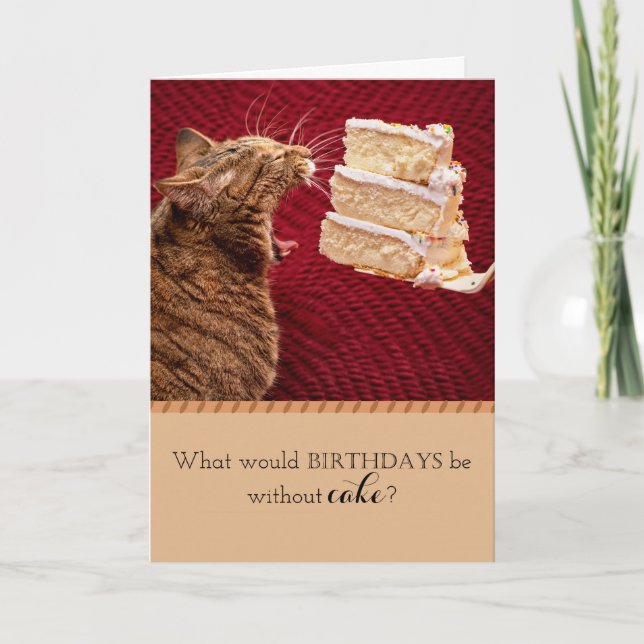 Funny Tabby Cat Eats Large Piece Of Cake Birthday Card (Front)