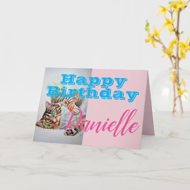 Funny Tabby Cat Happy Birthday Womans Name Card (Yellow Flower)