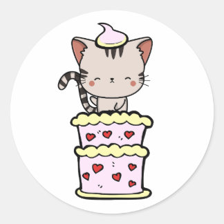 Funny Tabby cat jumping out of a cake Classic Round Sticker