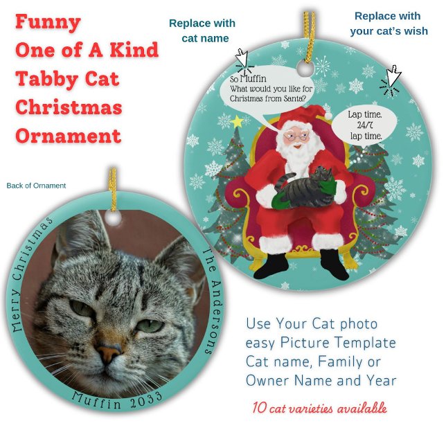 Funny Tabby Cat Visits Santa with Hilarious Wishe Ceramic Ornament (Your Tabby cat gives Santa Paws Christmas wish list custom double sided photo template Ornament)