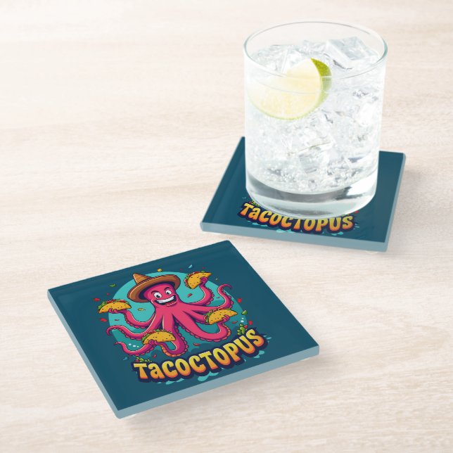 Funny Taco Octopus Cartoon Food Pun Glass Coaster (Angled)