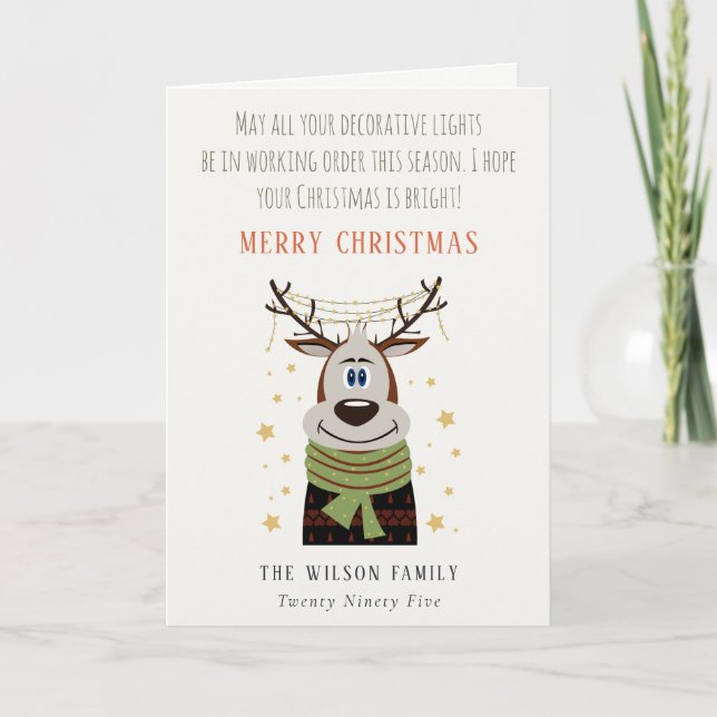 Funny Tangled Working Christmas Lights Reindeer Holiday Card (Front)