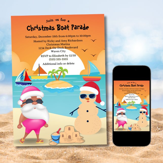 Funny Tanned Santa Beach Christmas Boat Parade  Invitation (Creator Uploaded)