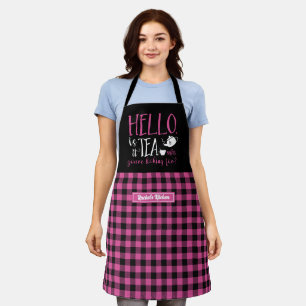 Funny Tea Lover Pun Black Pink Plaid Pattern Apron
