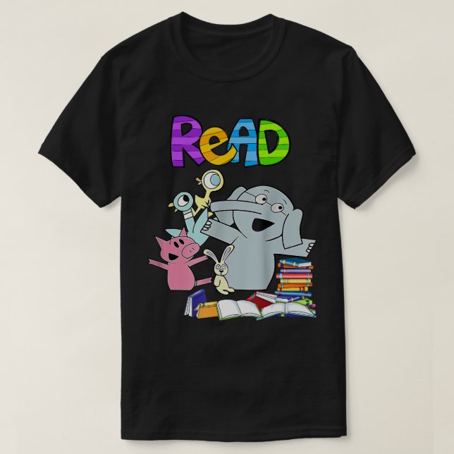 Funny Teacher Library Read Book Club Piggie Elepha T-Shirt (Design Front)