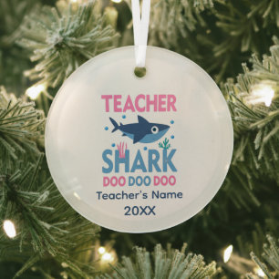 Funny Teacher shark add name word art Glass Tree Decoration