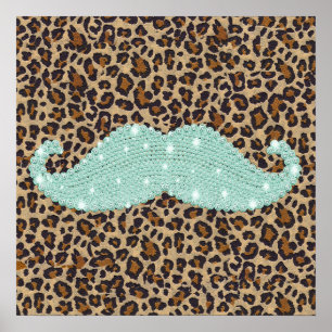 Funny Teal Green Bling Moustache And Animal Print