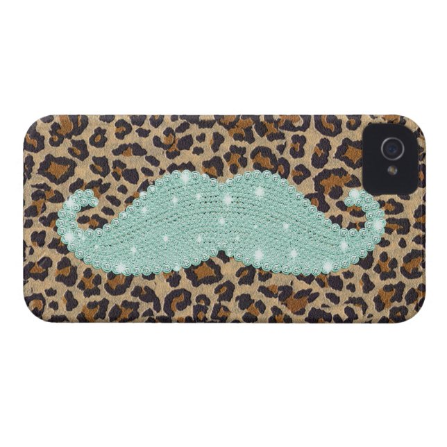 Funny Teal Green Bling Moustache And Animal Print Case-Mate iPhone Case (Back Horizontal)