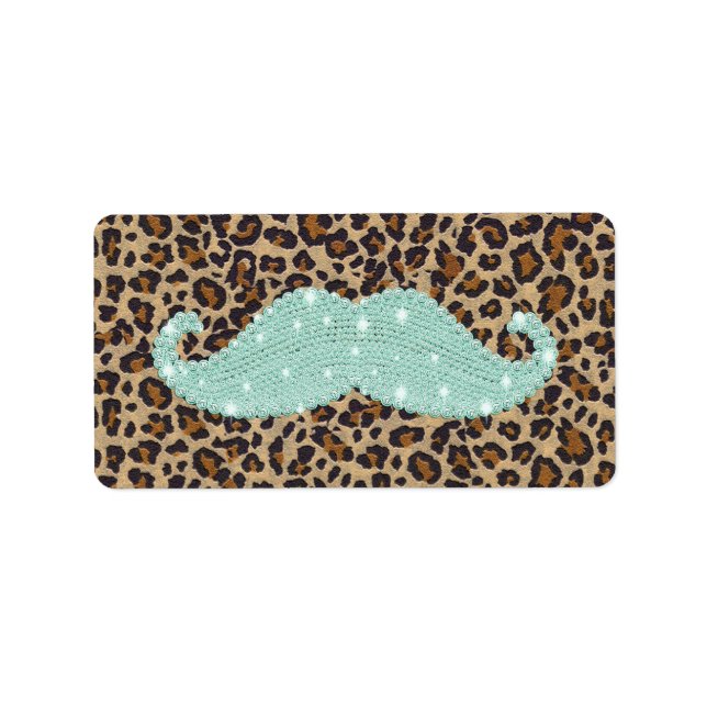Funny Teal Green Bling Moustache And Animal Print Label (Front)
