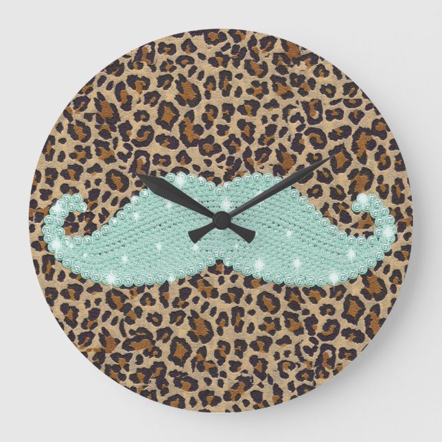 Funny Teal Green Bling Moustache And Animal Print Large Clock (Front)