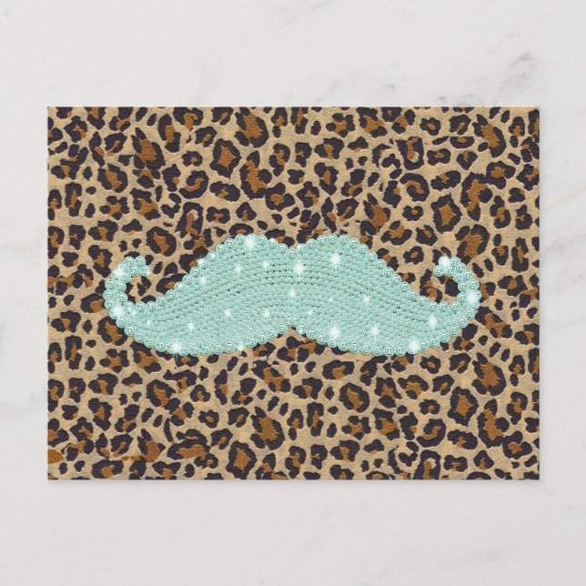 Funny Teal Green Bling Moustache And Animal Print Postcard (Front)