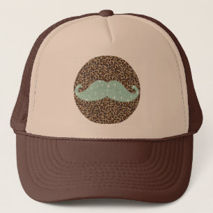 Funny Teal Green Bling Moustache And Animal Print Trucker Hat