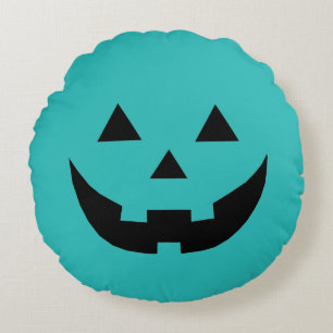 Funny teal Jack o lantern pumpkin face Halloween Round Cushion