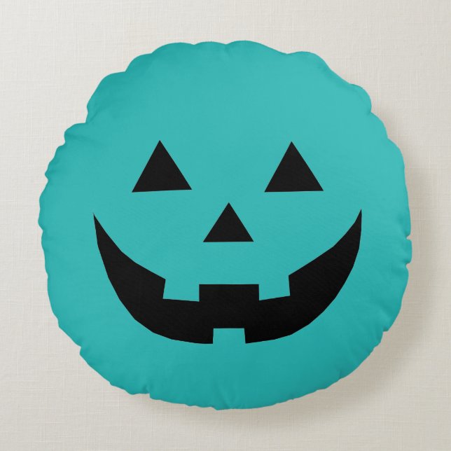 Funny teal Jack o lantern pumpkin face Halloween Round Cushion (Front)