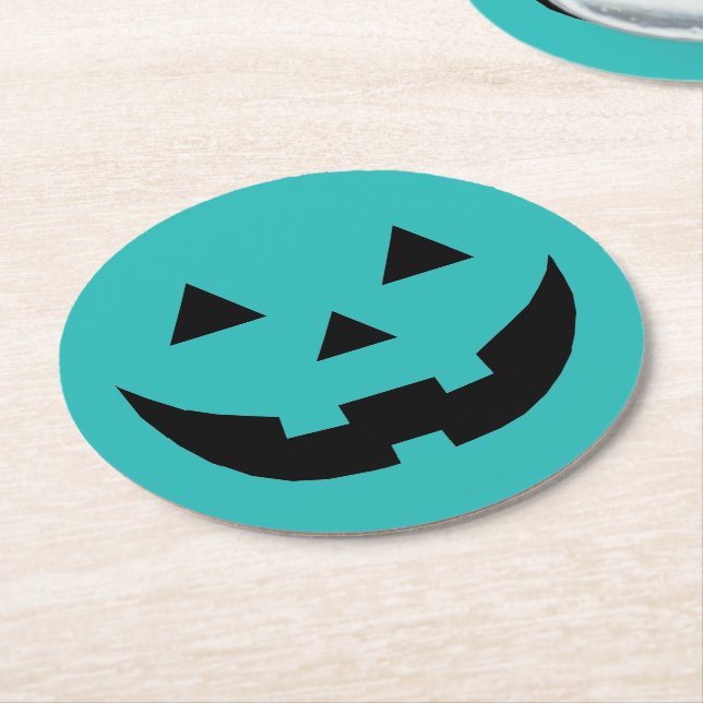 Funny teal Jack o lantern pumpkin face Halloween Round Paper Coaster (Angled)