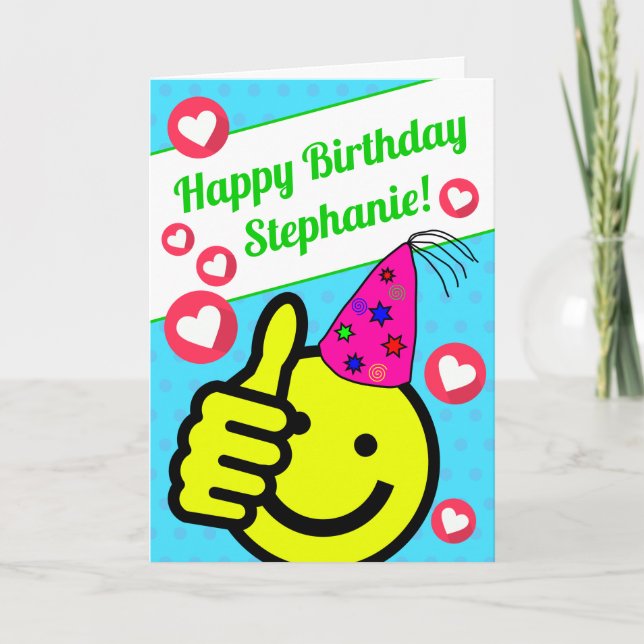 Funny Teal Smile Face Your Name Happy Birthday Card (Front)