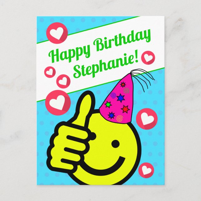 Funny Teal Smile Face Your Name Happy Birthday Postcard (Front)