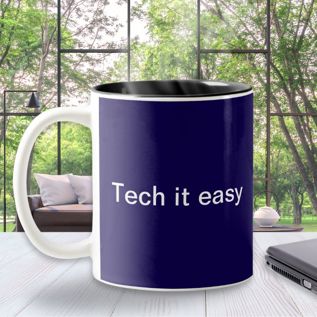 Funny Tech Humour Computer Programmer Monogrammed Two-Tone Coffee Mug (A funny mug with technology pun 'Tech it easy'. An ideal gift for computer and I.T. professionals)