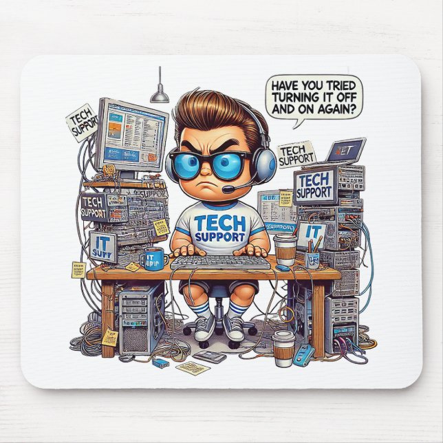 Funny Tech Support Cartoon Mouse Pad (Front)
