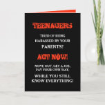 Funny Teenager | Teens Birthday Card<br><div class="desc">Birthday card to celebrate a child becoming a teenager. Funny quote "TEENAGER tired of being harrassed by your parents? ACT NOW! Move out,  get a job,  pay your own way,  WHILE YOU STILL KNOW EVERYTHING!" Designed using the warning colors black,  red and white.</div>