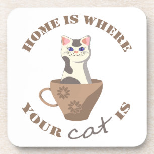 Funny text Home is where your cat is in cup Coaster