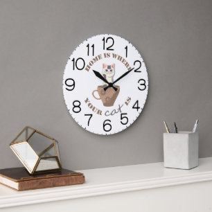 Funny text Home is where your cat is in cup Large Clock