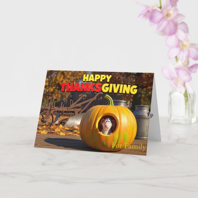 Funny Thanksgiving Card with Rat and Pumpkin (Orchid)