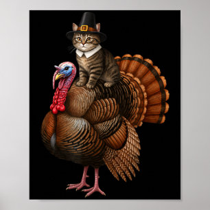 Funny Thanksgiving Cat On Turkey, Lgrim Hat Turkey Poster