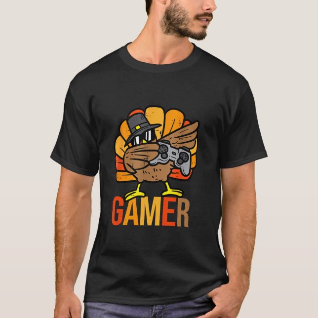 Funny Thanksgiving Dabbing Turkey Gamer Video Game T-Shirt (Front)