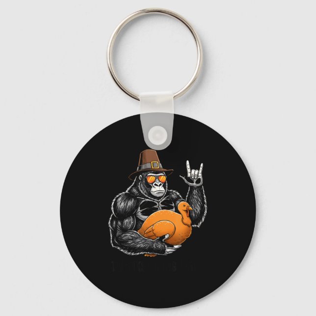 Funny Thanksgiving Gorilla Holding Turkey Lgrim Ha Key Ring (Front)