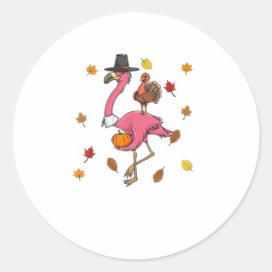 Funny Thanksgiving Pilgrim Flamingo With Turkey Cu Classic Round Sticker