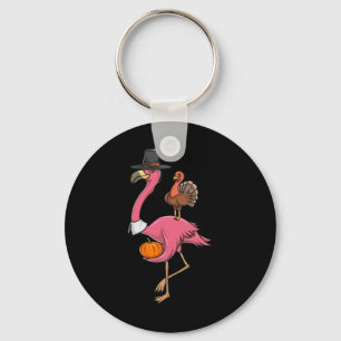 Funny Thanksgiving Pilgrim Flamingo With Turkey Cu Key Ring