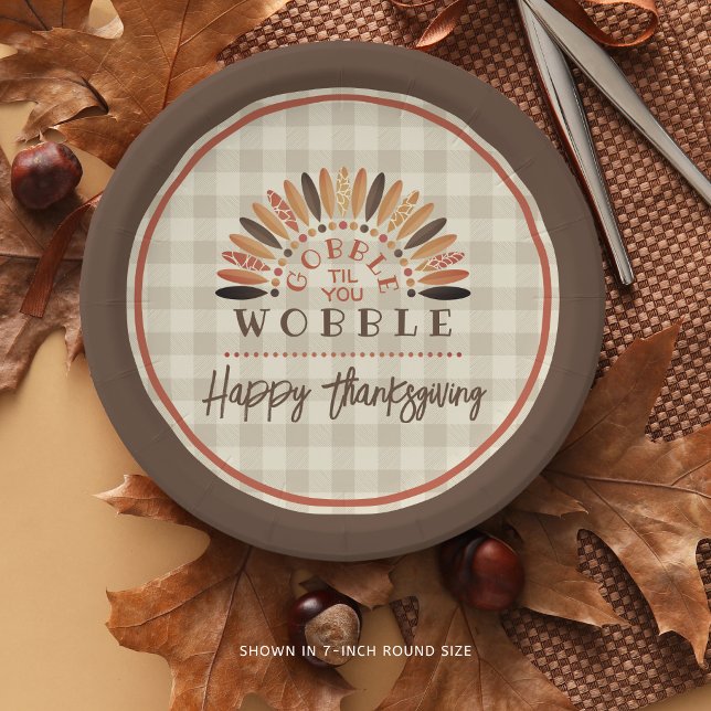 Funny Thanksgiving Plaid Gobble Til You Wobble Paper Plate (Creator Uploaded)