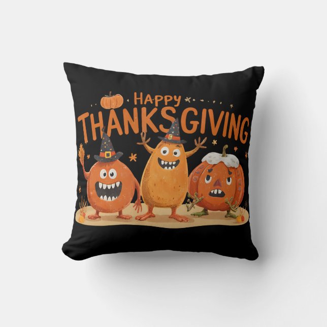 Funny Thanksgiving Pumpkins in Witch Hats Cartoon  Cushion (Front)