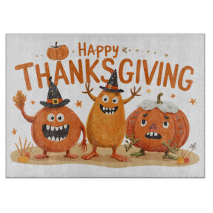 Funny Thanksgiving Pumpkins in Witch Hats Cartoon Cutting Board