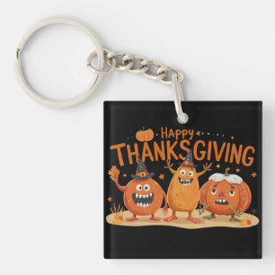 Funny Thanksgiving Pumpkins in Witch Hats Cartoon  Key Ring