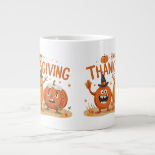 Funny Thanksgiving Pumpkins in Witch Hats Cartoon  Large Coffee Mug