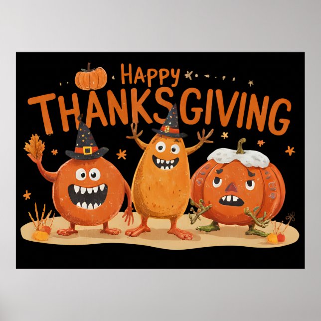 Funny Thanksgiving Pumpkins in Witch Hats Cartoon  Poster (Front)