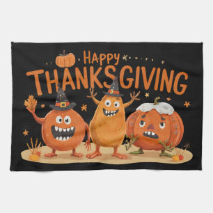 Funny Thanksgiving Pumpkins in Witch Hats Cartoon  Tea Towel