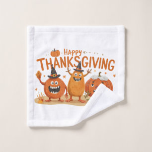 Funny Thanksgiving Pumpkins in Witch Hats Cartoon  Wash Cloth