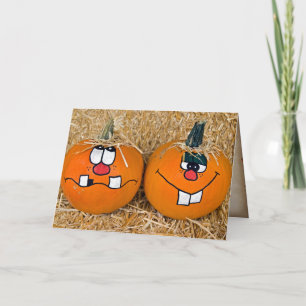funny Thanksgiving pumpkins on hay bale Card