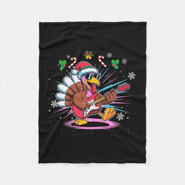 Funny Thanksgiving Santa Hat Turkey Rock Star Play Fleece Blanket (Front)