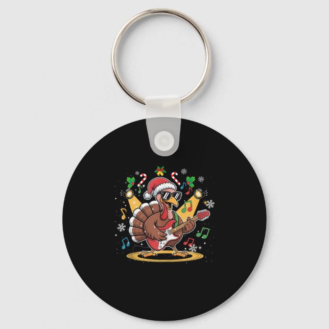 Funny Thanksgiving Santa Hat Turkey Rock Star Play Key Ring (Front)