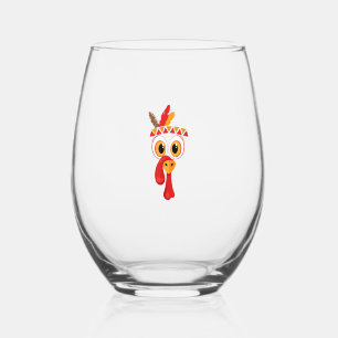 Funny Thanksgiving Turkey Face Indian Feather Head Stemless Wine Glass
