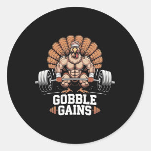 Funny Thanksgiving Turkey Gobble Gains Gym Workout Classic Round Sticker