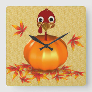 Funny Thanksgiving Turkey in Pumpkin Square Wall Clock