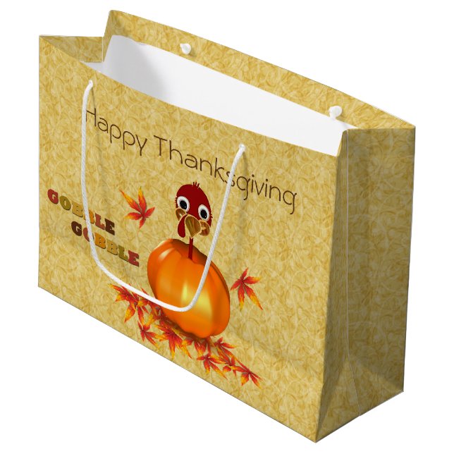 Funny Thanksgiving Turkey Pumpkin Large Gift Bag (Front Angled)